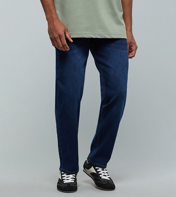 Washed Straight Fit Jeans with Button Closure