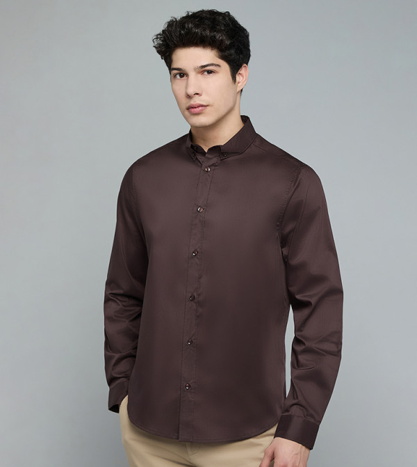 Solid Shirt with Button-Down Collar and Long Sleeves