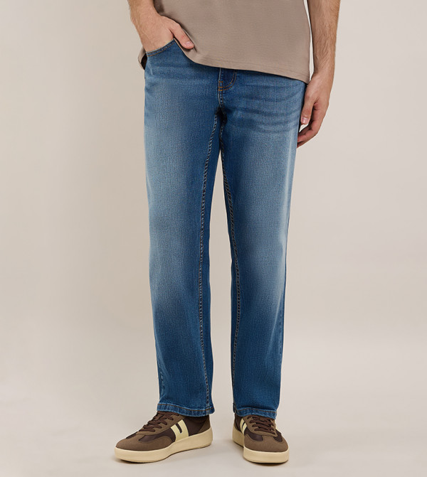 Faded Straight Fit Jeans with Button Closure