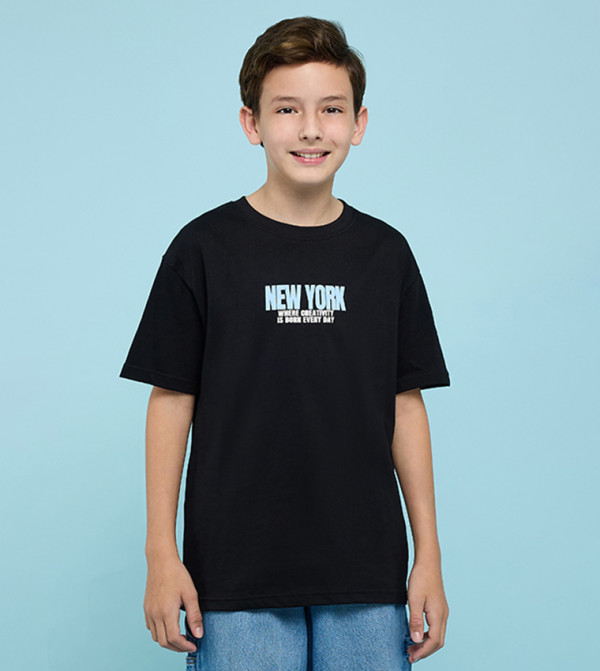 Typography Print T-Shirt with Crew Neck and Short Sleeves