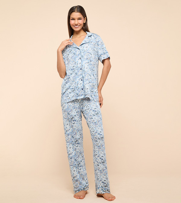 Printed Lapel Collar Pyjama Set