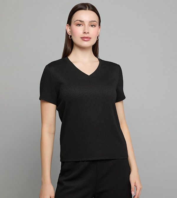 Ribbed Top with V-Neck and Short Sleeves