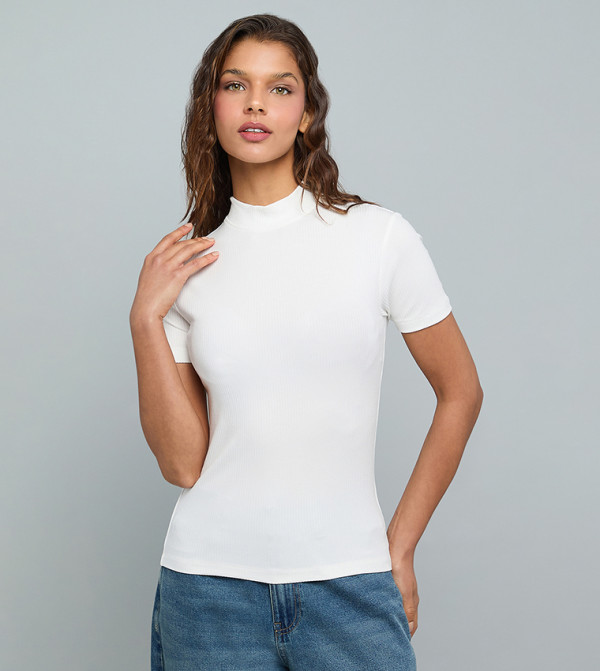 Ribbed Top With High Neck and Long Sleeves