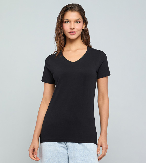 Solid T-Shirt With V-Neck and Short Sleeves