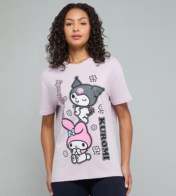Kuromi Print T-Shirt with Crew Neck and Short Sleeves