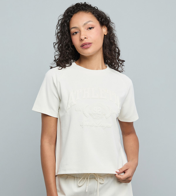 Embossed Print T-Shirt with Crew Neck and Short Sleeves