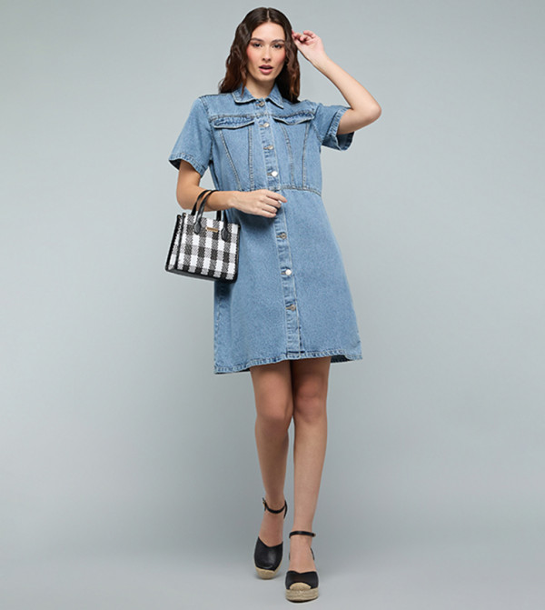 Washed Denim Shirt Dress with Short Sleeves