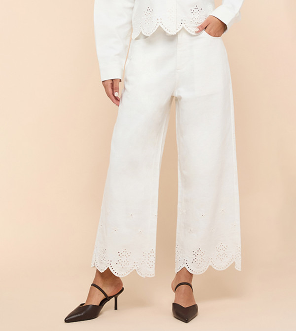 Cut-Work Wide Leg Pants with Button Closure