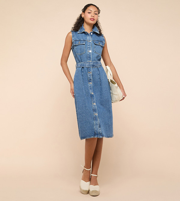 Washed Denim Sleeveless Shirt Dress 