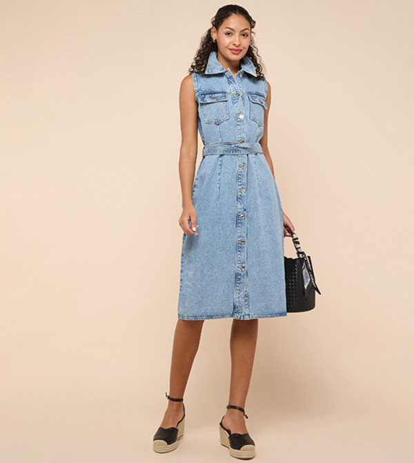 Washed Denim Sleeveless Shirt Dress 
