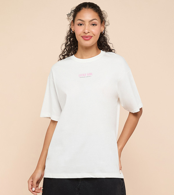 Typography Print T-Shirt with Crew Neck and Short Sleeves