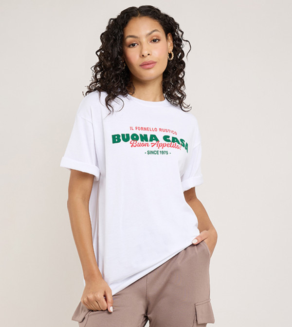 Typography T-Shirt with Crew Neck and Short Sleeves