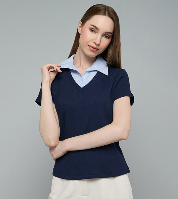 Collar Detail Knit Top with Short Sleeves