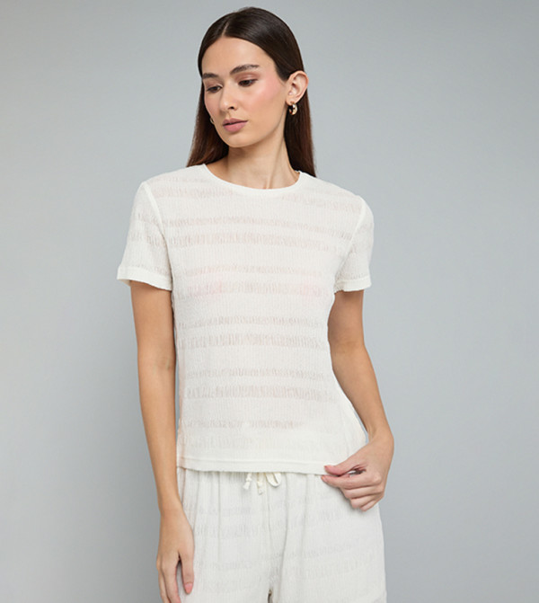 Striped Knit Top with Crew Neck and Short Sleeves