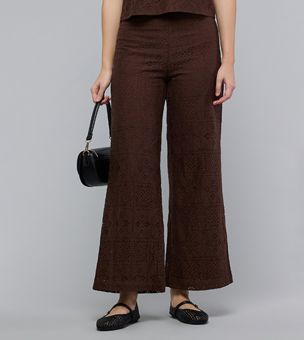 Schiffli Wide Leg Trousers with Elastic Waist