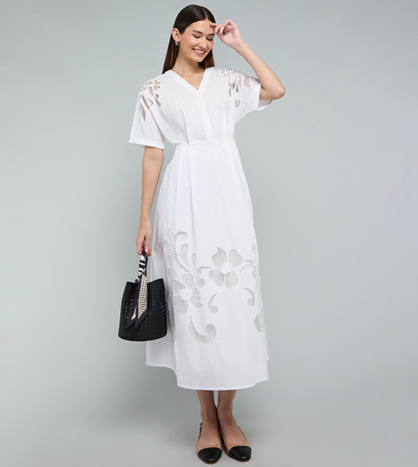 Openwork Midi Dress with V-Neck and Short Sleeves