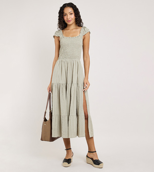 Striped Tiered Dress with Square Neck and Cap Sleeves