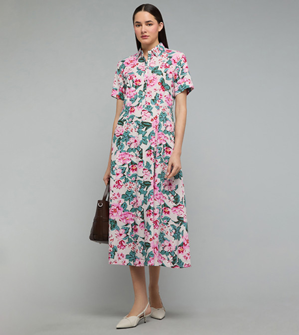 Floral Print Shirt Dress with Short Sleeves