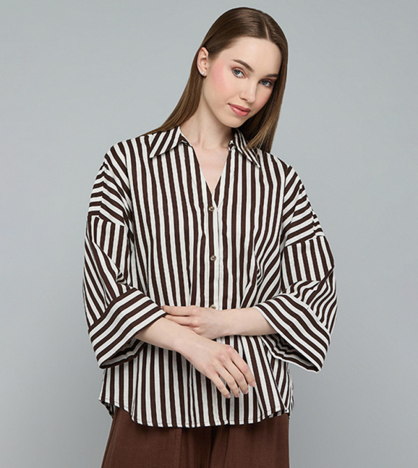 Striped Shirt with Spread Collar and 3/4 Sleeves