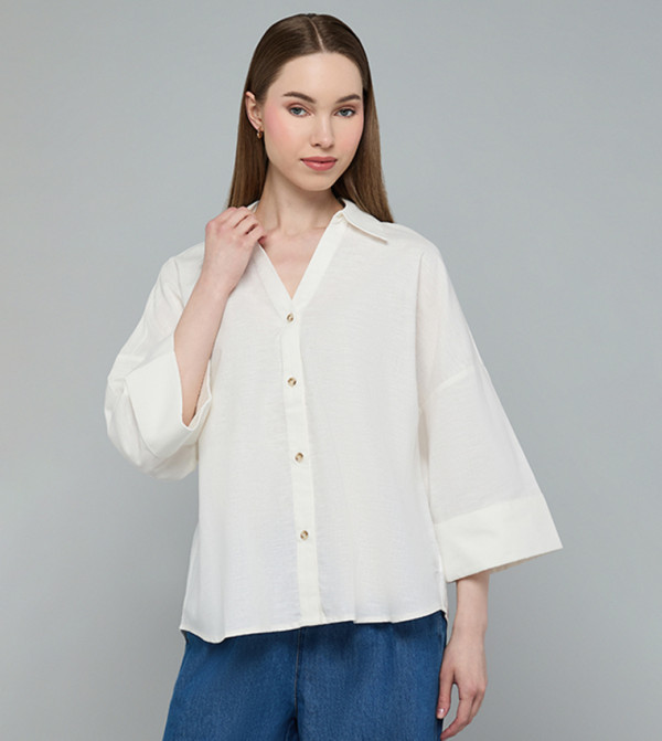 Solid Shirt with Spread Collar and 3/4 Sleeves
