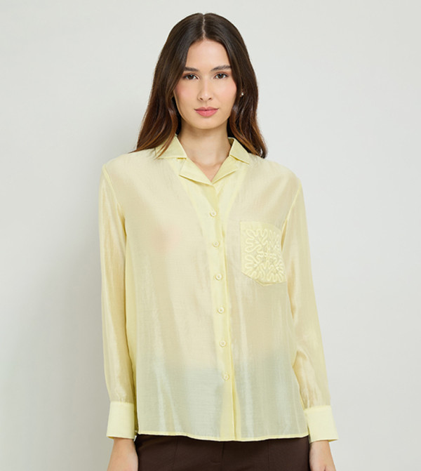 Embroidered Shirt with Lapel Collar and Long Sleeves