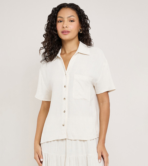 Textured Shirt with Spread Collar and Short Sleeves