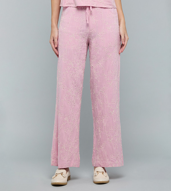 Embroidered Wide Leg Pants with Drawstring Waist
