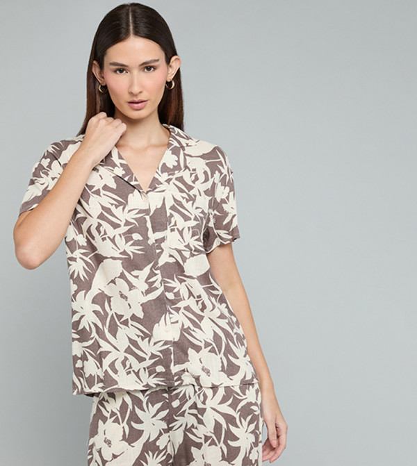 Floral Print Shirt with Lapel Collar and Short Sleeves
