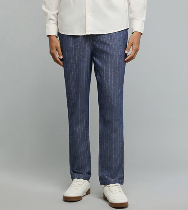 Striped Tapered Fit Pants with Drawstring Waist