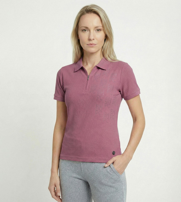 Embellished Zipper Neck Polo T-Shirt