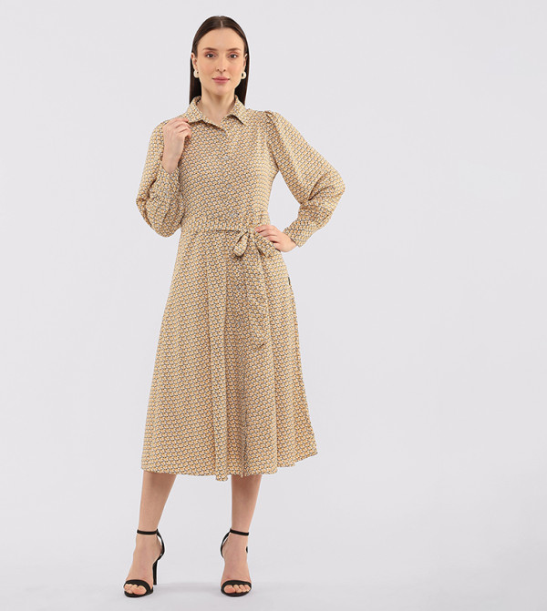 Polka Dots Long Sleeves Midi Shirt Dress