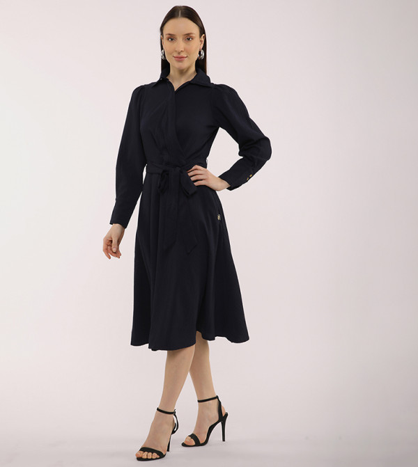 Belted Long Sleeves Wrap Shirt Dress