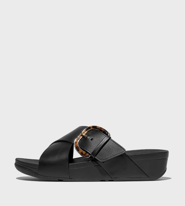 LULU Resin Buckle Leather Wedge Sandals