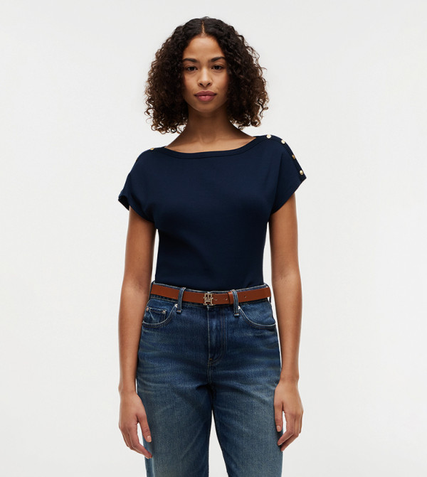 Button Detail Boat Neck T-Shirt