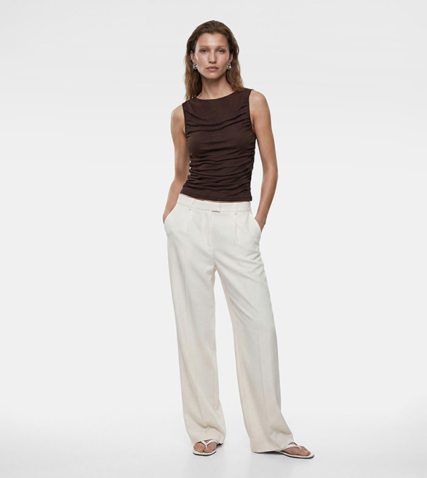 Solid Ruched Crew Neck Sleeveless Top