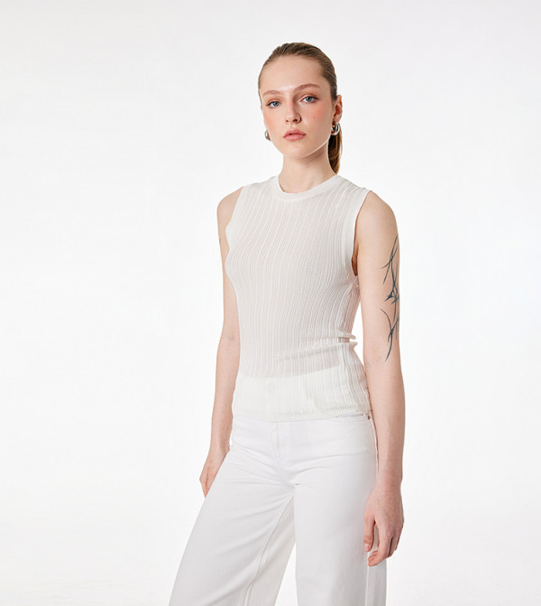Ribbed Crew Neck Sleeveless Tank Top