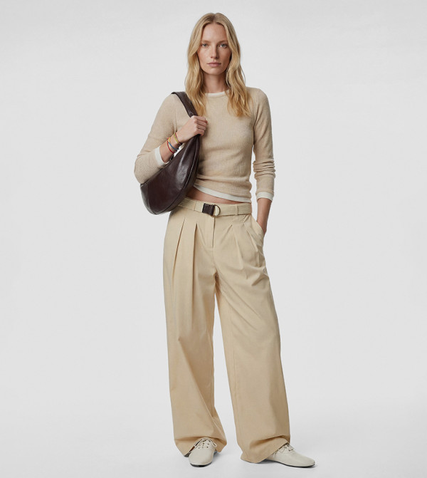Pleated Belt Detail Wide Leg Pants