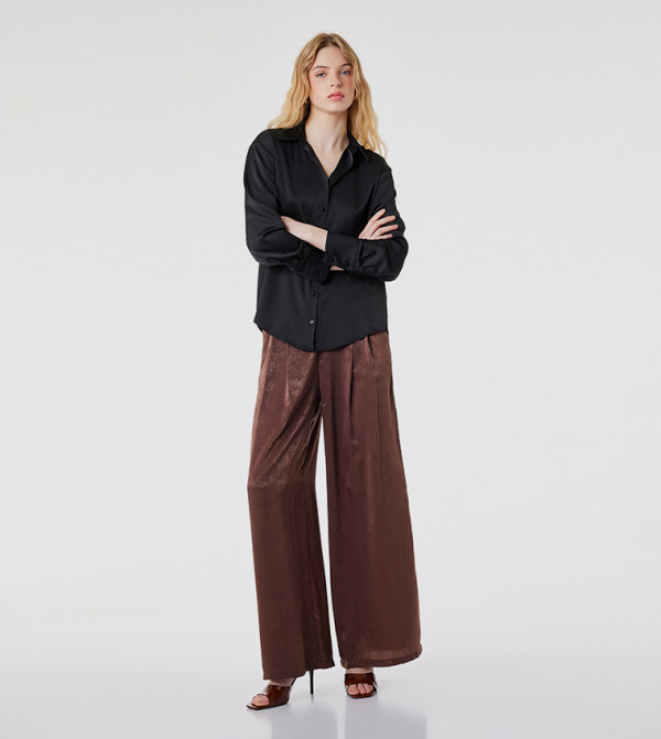 Pleated Satin Sheen Loose Fit Wide Leg Pants