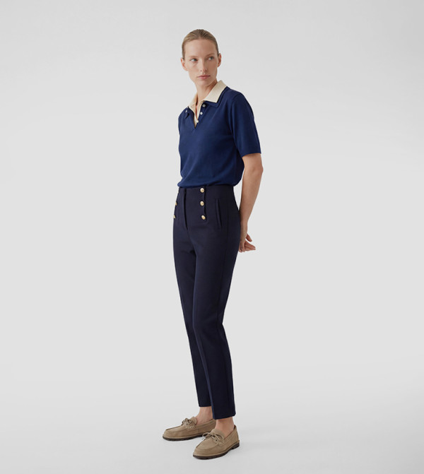 Gold Button Detail High Rise Slim Fit Formal Pants