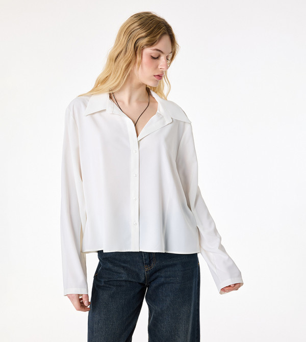 Open Collar Cropped Long Sleeve Oversized Shirt