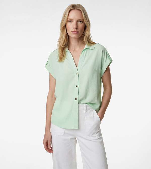 Gold-Tone Button Cap Sleeve Collared Oversized Shirt