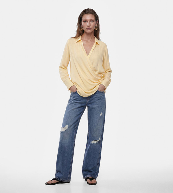 Solid Long Sleeves Wrap Shirt