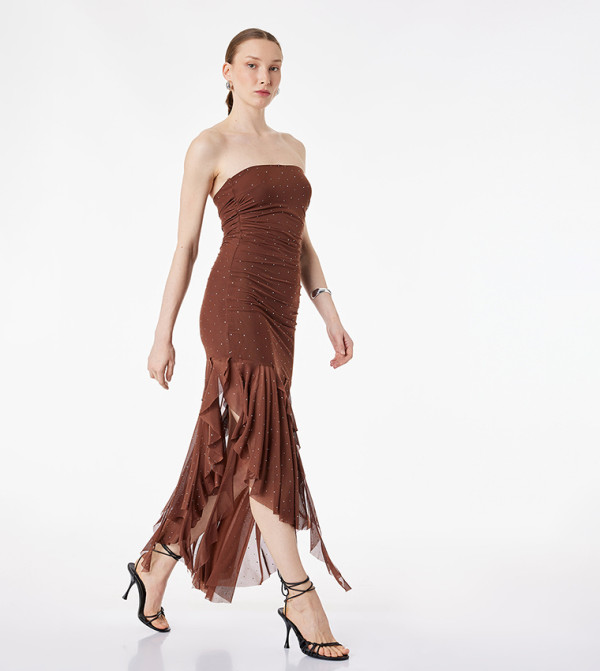 Crystal Embellished Ruched Strapless Ruffled Hem Mermaid Maxi Dress