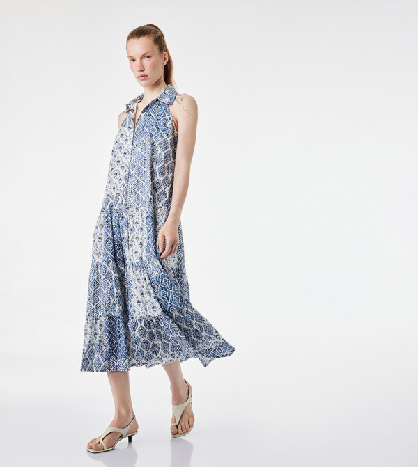 Patterned Collared Midi Shirt Dress