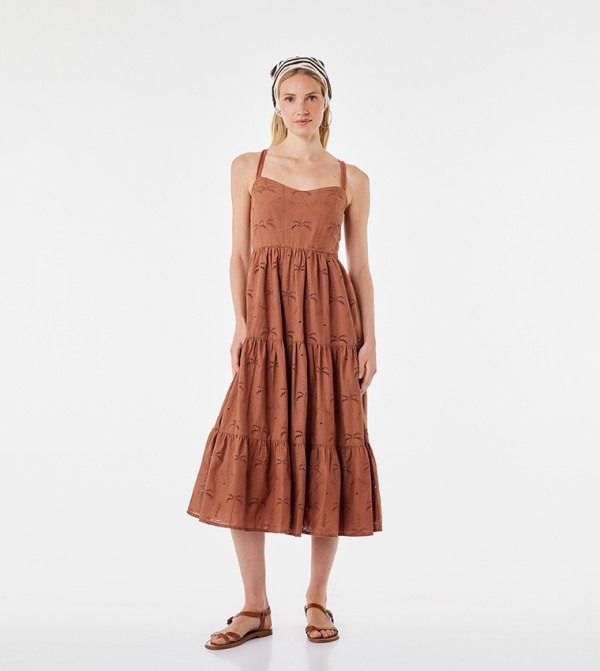 Openwork Square Neck Tiered Midi Dress