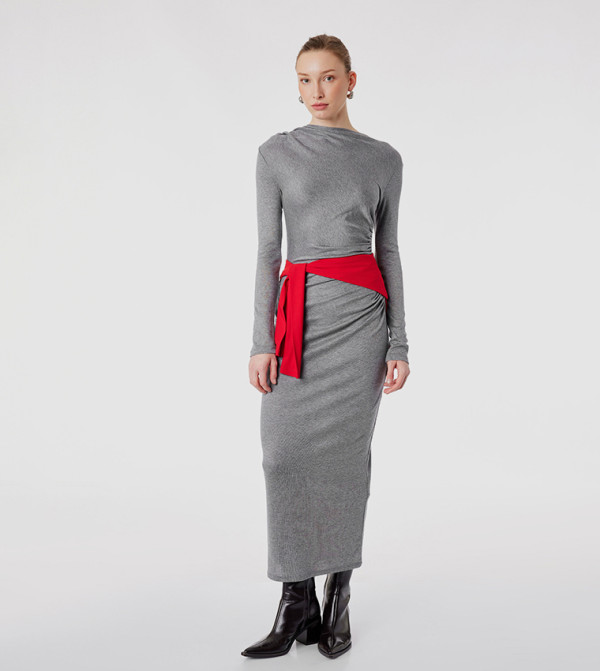 Ruched Drape Cowl Neck Long Sleeves Midaxi Dress