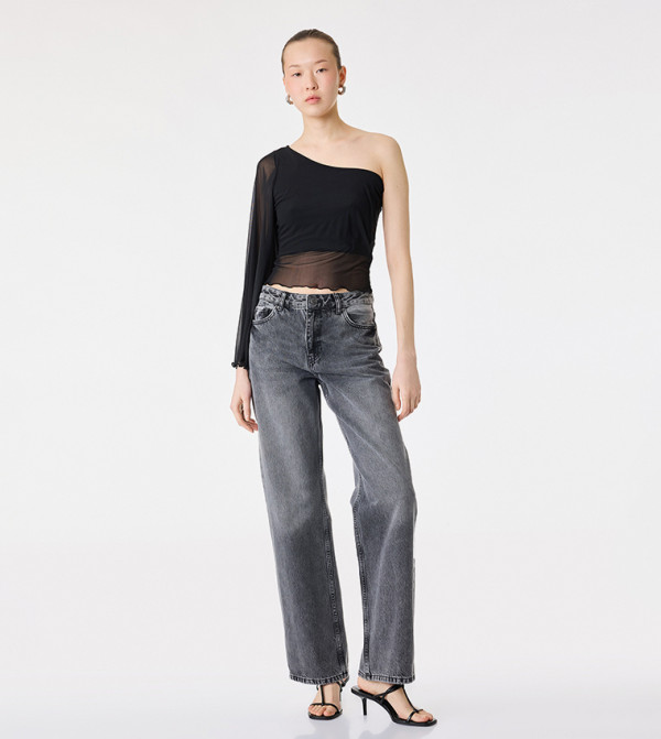 Mesh Flare Sleeves One Shoulder Cropped Top