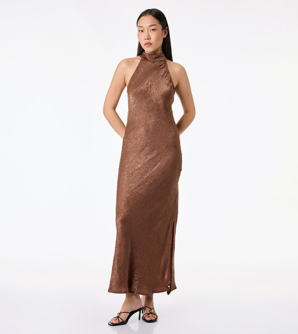 Textured Tie-Up Halterneck Sleeveless Maxi Dress