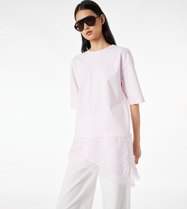 Lace Trim Asymmetric Hem Short Sleeve Oversized T-Shirt