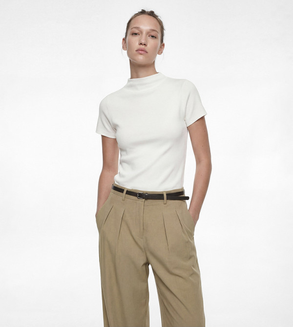 Mock Neck Cap Sleeve Slim Fit T-Shirt